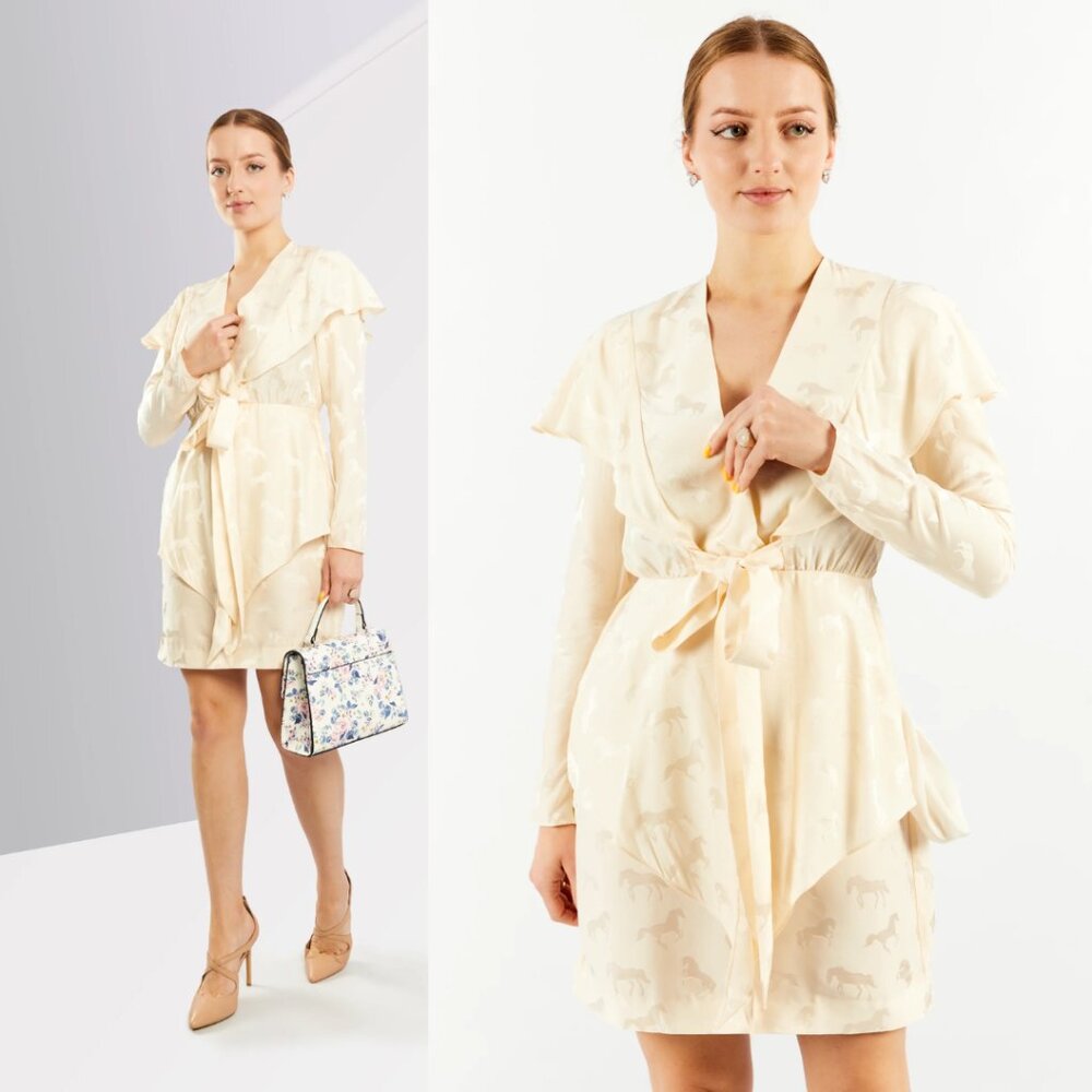 Stella McCartney Mini Dress Metallic Tan Horse Jacquard Long Sleeves